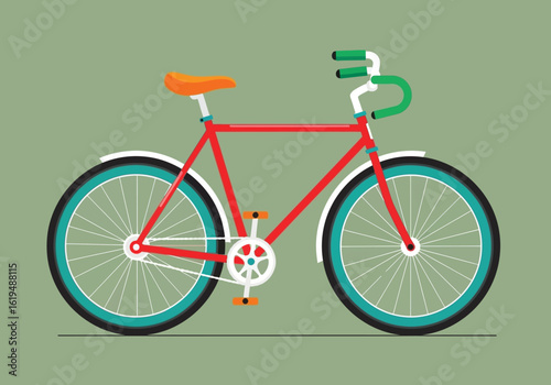 Red bicycle with orange seat and green handlebars on olive green background Vector illustration of