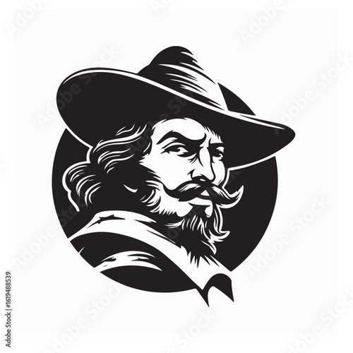 Musketeer head logo design with hat and feather in classic vintage emblem style
