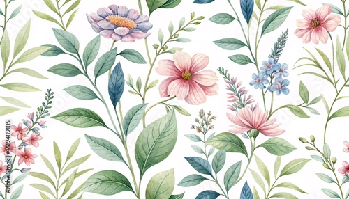 Elegant Botanical Watercolor Pattern with Wildflowers & Leaves V3