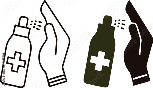 Antiseptic Icons. Black and White Vector Illustrations. Man Disinfecting Hands With Antiseptic. Cleanliness, Medicine. Hygiene Concept
