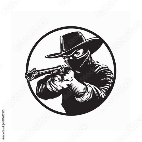 Cowboy bandit in hat and mask aiming rifle in dramatic Wild West scene