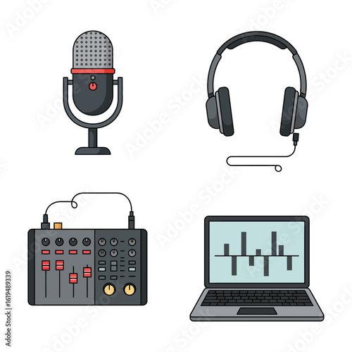 Studio Recording Equipment Icons Microphone Headphones Mixer Laptop