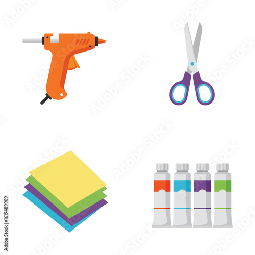 Crafting Supplies Glue Gun Scissors Paper Paint Tubes