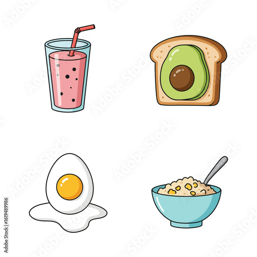 Healthy Breakfast Food Icons Smoothie Toast Egg Oatmeal