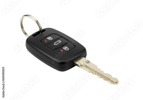 Car Key with Remote Control and Key Fob Closeup on Transparent background