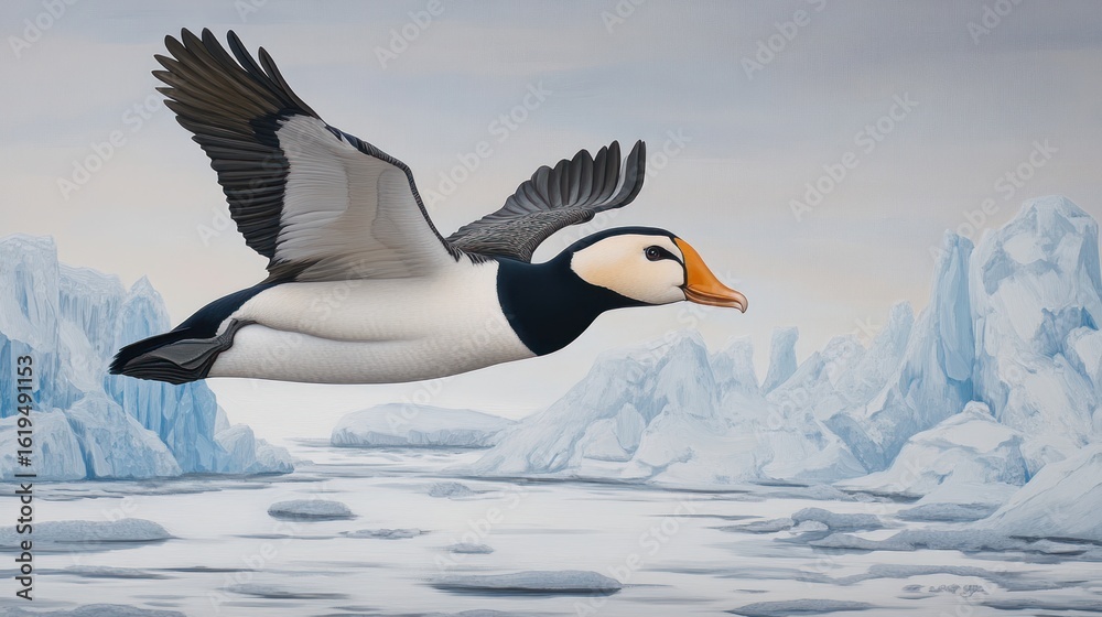 Fototapeta premium Arctic bird in flight over icy landscape. Detailed illustration of a flying sea duck, or puffin, against a backdrop of glacial icebergs.