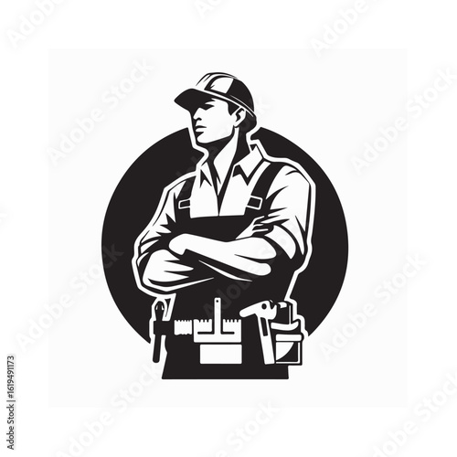 Confident construction worker combined logo design, strong symbol for building industry branding