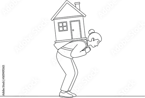 Woman carrying house on back mortgage burden home ownership stress