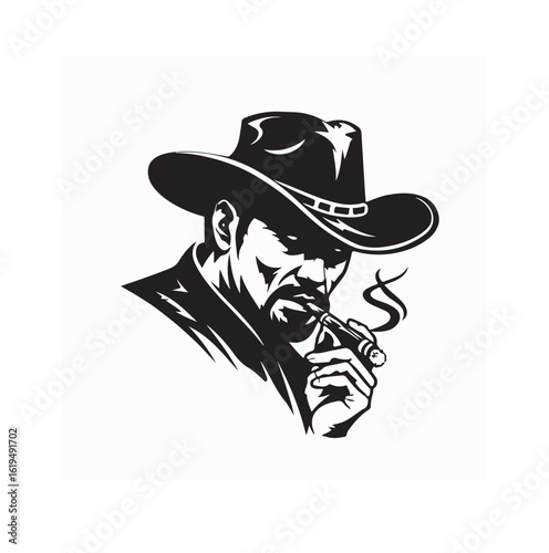 Western cowboy wearing hat and smoking cigar with serious face in vintage style