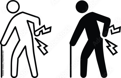 Back Pain Icons. Black and White Vector Illustrations. Man Bent Over in Pain with Cane. Injury, Disease, Medicine. Disability Concept
