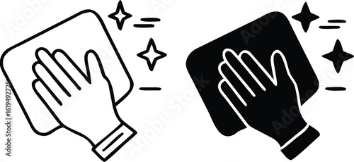 Clean Icons. Black and White Vector Illustration. House Cleaning. Human Hand Wiping Dust With Rag. Hygiene Concept
