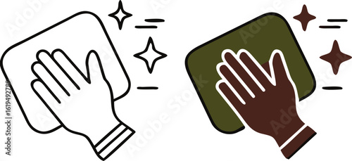Clean Icons. Black and White Vector Illustration. House Cleaning. Human Hand Wiping Dust With Rag. Hygiene Concept
