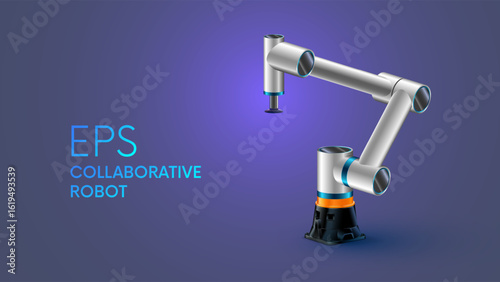 Industrial Robot hand. A robot arm or a robotic limb. A small desktop collaborative robot manipulator with a suction cup for sorting small objects in a scientific laboratory. Vector illustration.