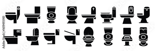 A clean, new white ceramic toilet bowl with a seat, isolated for a sanitary bathroom or restroom Simple flat black silhouette icon of a modern commode toilet bowl
