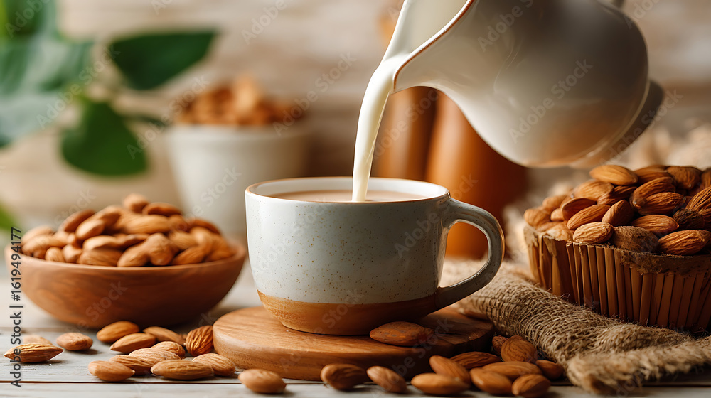 Fototapeta premium Almond milk pouring into coffee with fresh nuts, a natural and healthy alternative to dairy