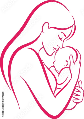 Maa apne Naye Paida Shuda Bachay ko Pyar karte hue - Mother's Day, Maternity Care, aur Family Logo ke liye Rangeen Line Art.