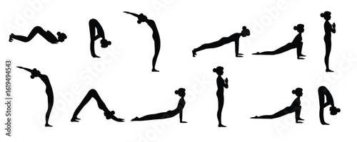 Surya namaskar A sun salutation yoga asanas sequence set vector illustration.