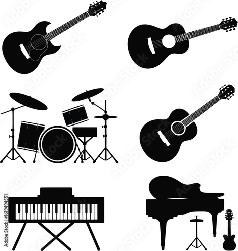 Assortment of Musical Instruments in Black Silhouette guitar acoustic guitar