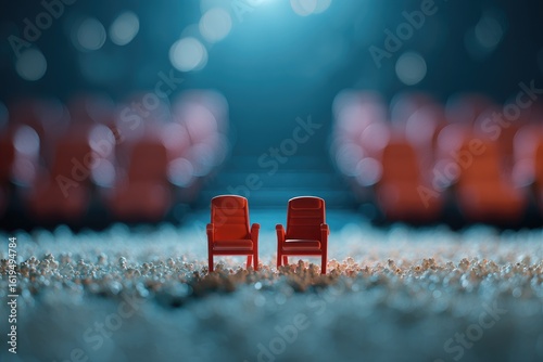 Two miniature chairs sit amidst popcorn in a blurry cinema setting