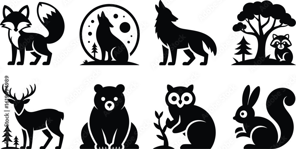 Obraz premium Collection of Forest Animal Silhouettes with Trees and Moon wolf deer