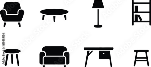 Eight black furniture icons including chairs tables and bookshelf armchair stool