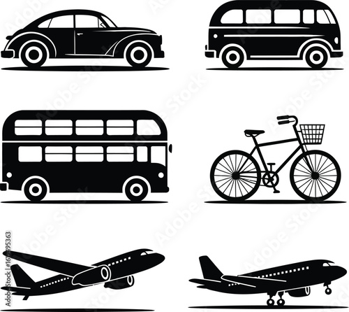 Transportation Silhouettes With Cars Buses Bicycle And Airplanes vehicle travel