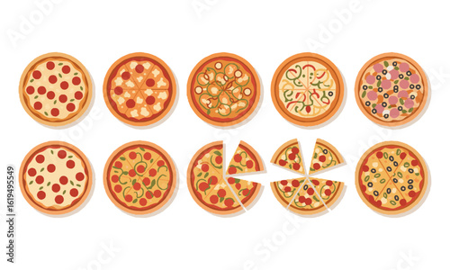 Modern vector illustration featuring two horizontal rows of pizzas on a solid white background,  pepperoni, vegetables, cheese, olives, and mixed meats, tomatoes, easily editable and scalable.