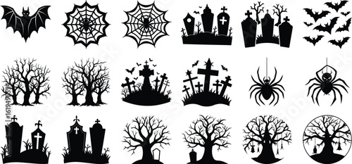 Halloween silhouette elements bundle isolated on white transparent background