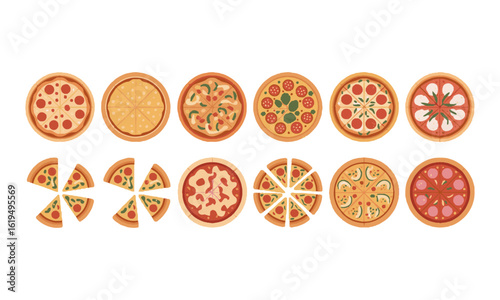 Modern vector illustration featuring two horizontal rows of pizzas on a solid white background,  pepperoni, vegetables, cheese, olives, and mixed meats, tomatoes, easily editable and scalable.