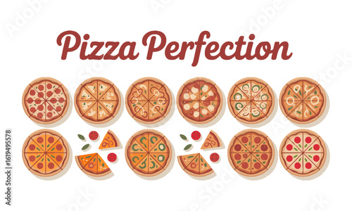 Modern vector illustration featuring two horizontal rows of pizzas on a solid white background,  pepperoni, vegetables, cheese, olives, and mixed meats, tomatoes, easily editable and scalable.