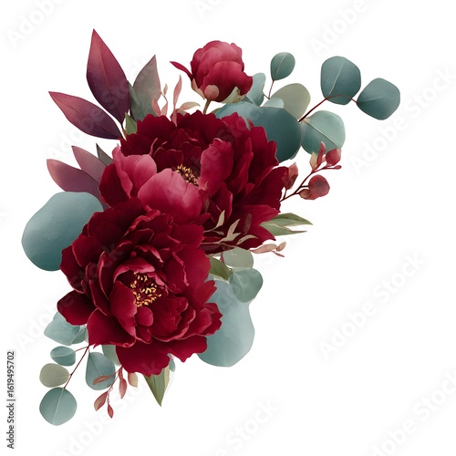 Watercolor floral bouquet, dark red peonies and eucalyptus leaves on a white background, wedding clipart isolated 