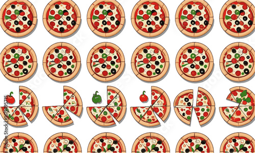 Modern vector illustration featuring two horizontal rows of pizzas on a solid white background,  pepperoni, vegetables, cheese, olives, and mixed meats, tomatoes, easily editable and scalable.