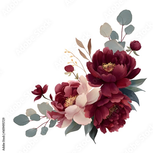 Watercolor floral bouquet, dark red peonies and eucalyptus leaves on a white background, wedding clipart isolated 