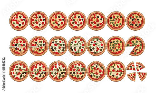 Modern vector illustration featuring two horizontal rows of pizzas on a solid white background,  pepperoni, vegetables, cheese, olives, and mixed meats, tomatoes, easily editable and scalable.