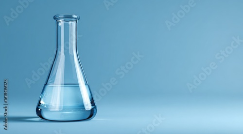 A clear Erlenmeyer flask, partially filled with a colorless liquid, sits on a light blue surface against a matching backdrop.  The lighting is soft and even, highlighting the glass's transparency