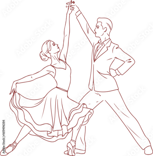 Tango/Ballroom Dance Karte Hue Joray ka Line Art - Dance Studio, Shaadi ke Cards, aur Romantic Events ke liye Elegant Illustration