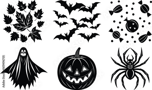 Halloween silhouette elements bundle isolated on white transparent background