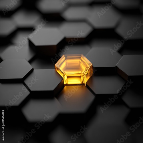Glowing amber hexagon amongst dark grey honeycomb