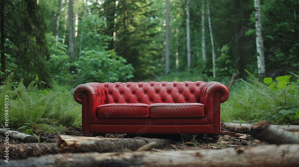 A striking fire-engine red sofa with tufted upholstery contrasts beautifully against the lush green backdrop of a tranquil forest A striking fire-engine red sofa with tufted upholstery contrasts beautifully against the lush green backdrop of a tranquil forest