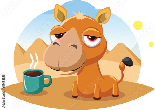 Vector art of funny cartoon horse character enjoying a hot cup of coffee in the desert with sand dunes and a sunny sky in the background isolated on transparent background.