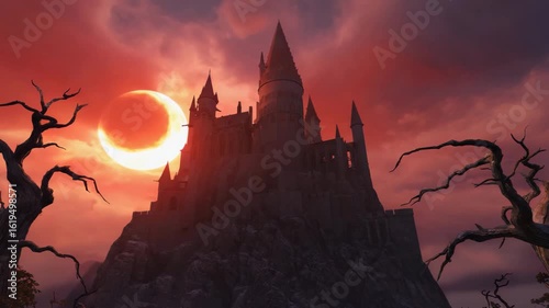 Enchanted castle under a glowing sunset