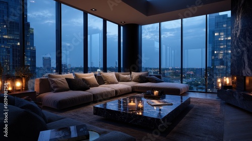 Modern Penthouse living room at night, candles lit, background cityscape, for luxury home ads