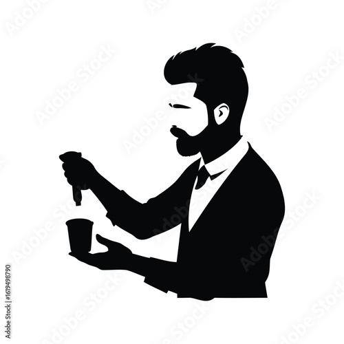 Silhouette of a classy bartender pouring liquor into a cocktail cup