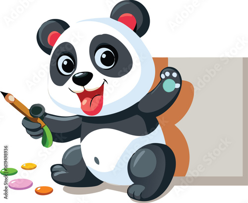 Vector art of cute cartoon panda bear holding a pencil and paint, isolated on transparent background, ready for drawing and learning.