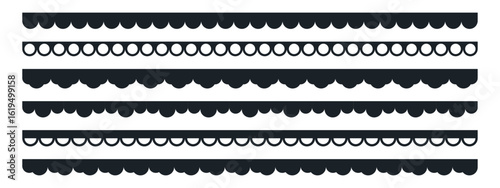 Vector trim with scallop lace border and embroidery edge for frame or stripe. Simple geometric pattern for card or paper. Set of decoration dividers.