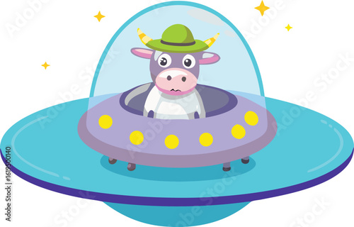 Vector art of cute cartoon cow wearing a hat inside a flying saucer spaceship, isolated on transparent background.