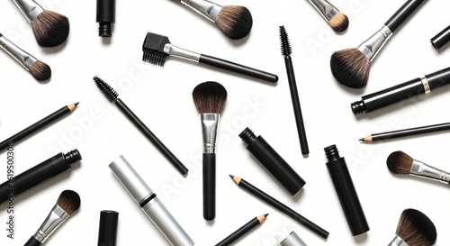 Modern Flat Lay Of Makeup Essentials And Beauty Products Arranged In a Clean Background