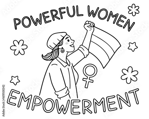 Powerful Women Empowerment Illustration with Woman Holding Flag and Female Symbol in Black and White