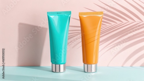 Wallpaper Mural Two vibrant cosmetic tubes, teal and orange, bathed in soft light with palm leaf shadows Torontodigital.ca