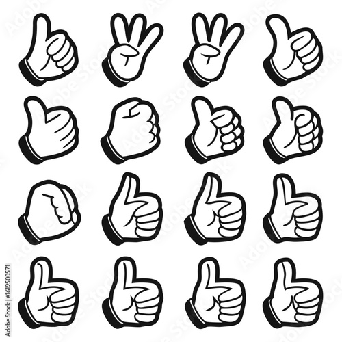 Collection of cartoon hands giving thumbs up and fist gestures on white background icon